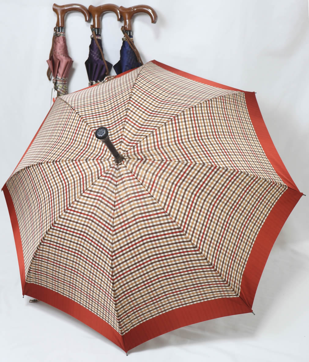 「いきなりステッキを使いたくないワ～」とお思いの小柄な方向けのお洒落な"ステッキ傘”です。ステッキ傘 杖傘 傘杖 ステッキとしてご使用になれるステッキ傘（つえかさ）チェック（小格子）柄 甲州織りのUVカット加工 晴雨兼用 手開き 予備の先ゴム1個付き【送料無料】
