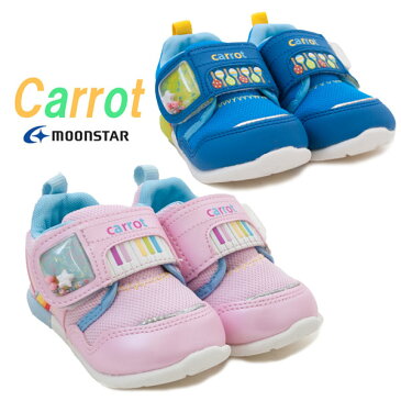 キッズシューズ キャロット CR B107 ベビーシューズ スニーカー 楽器 子供靴 ビーズ 音符柄 ムーンスター マジックタイプ ファーストシューズ 赤ちゃん 贈り物 子供 出産祝い 絵柄 男の子 女の子 ピンク ブルー /MR
