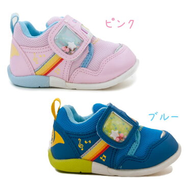 キッズシューズ キャロット CR B107 ベビーシューズ スニーカー 楽器 子供靴 ビーズ 音符柄 ムーンスター マジックタイプ ファーストシューズ 赤ちゃん 贈り物 子供 出産祝い 絵柄 男の子 女の子 ピンク ブルー /MR