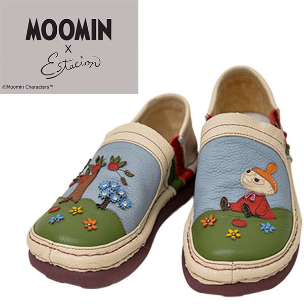 estacion エスタシオン TGE625 レディース スリッポン 本革 MOOMIN ムーミンコラボ リトルミイ 左右柄違い 厚底 コンフォートシューズ キラキラ かわいい りんご お花 疲れにくい カジュアル レザー アイボリーマルチ /SB/MR