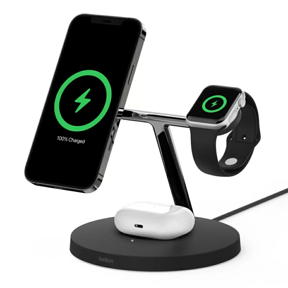 Belkin MagSafe 3-in-1 ブラック ワイヤレスチャージャー　 ワイヤレス 充電器 クレードル 充電スタンド BOOST↑CHARGE PRO Qi 急速充電器 ベルキン ワイヤレス 充電 充電機 同時充電 MagSsfe公式認証 3in1 iPhone Apple Watch AirPods pro 15W