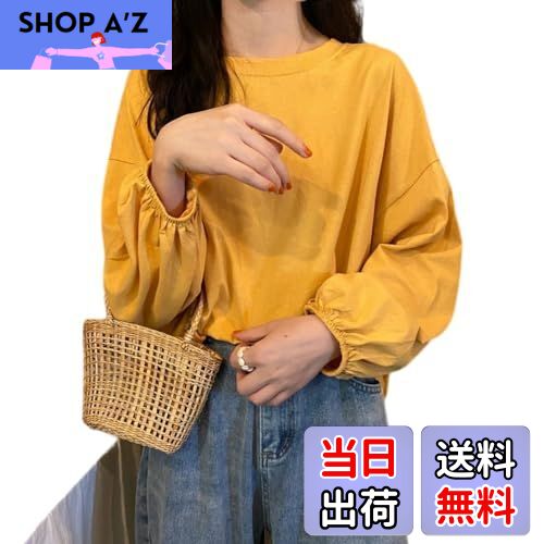 【送料無料】[UMIYI] 長袖Tシャツ レディース ロングTシャツ ロンT カットソー 綿混 シンプル カジュアル おしゃれ 大人かわいい 丸首 クルーネック トップス インナー 重ね着 パフスリーブ ゆったり プルオーバー