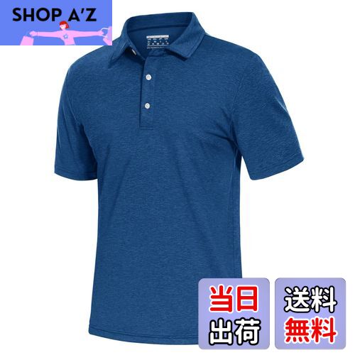 【送料無料】[TACVASEN] ポロシャツ メンズ 半袖 吸汗速乾 通気性 ゴルフウェア ストレッチ ボタン付 通勤 ランニング 襟付き 無地 スポーツ カジュアル ポリエステル 色：ミディアムブルー、サイズ：XL