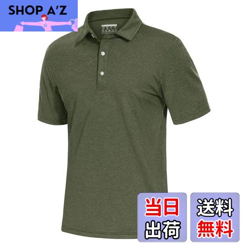 【送料無料】[TACVASEN] ポロシャツ メンズ 半袖 吸汗速乾 通気性 ゴルフウェア ストレッチ ボタン付 通勤 ランニング 襟付き 無地 スポーツ カジュアル ポリエステル 色：アーミーグリーン、サイズ：L