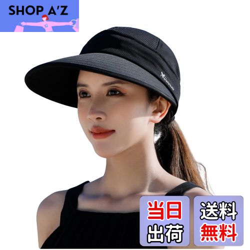 【送料無料】[RUNQIU] レディース 大きなつば サンハット UV保護 2イン1 ジップオフ サンプロテクション バイザー ビーチハット パッカブル 色：ブラック、サイズ：56.0-60.0 cm
