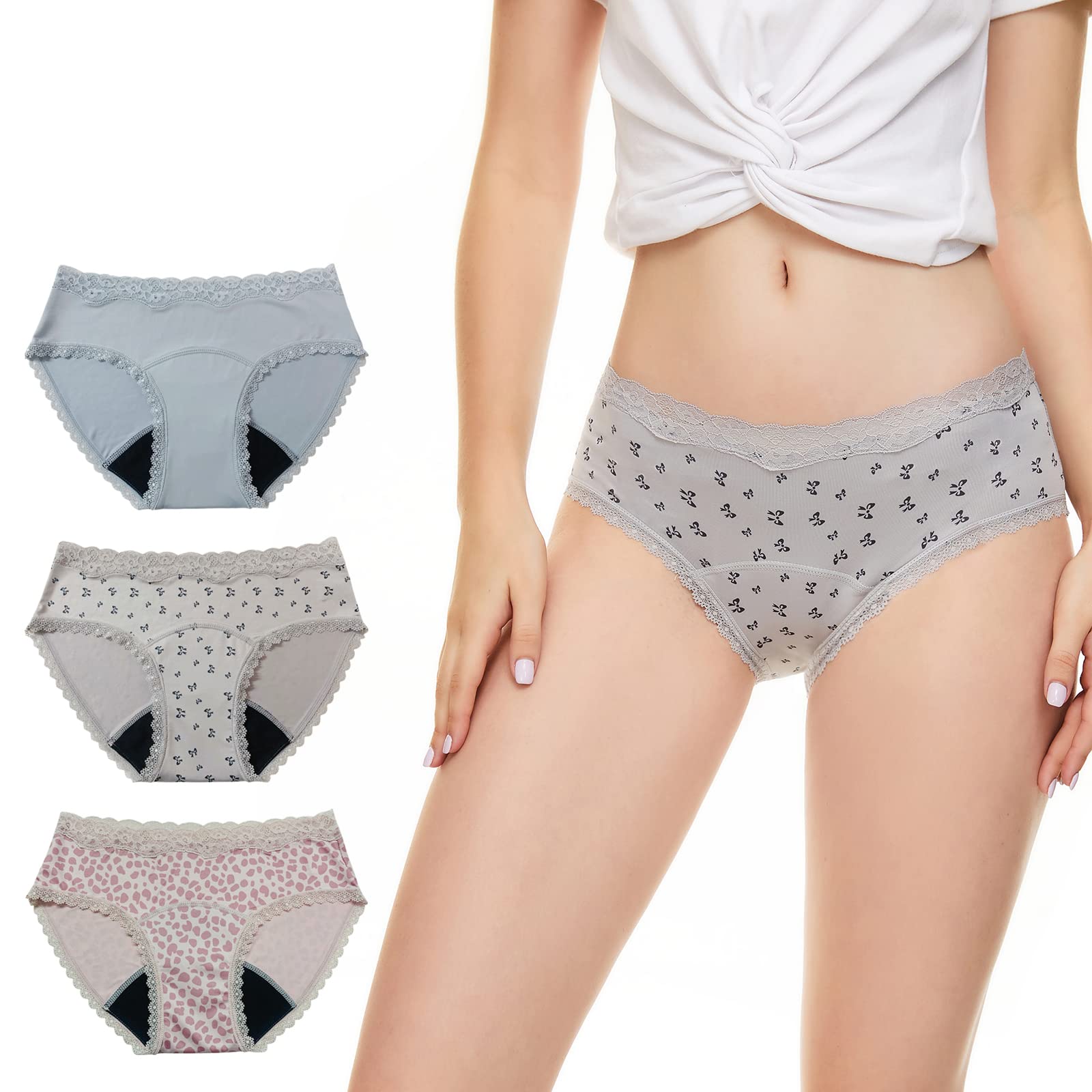 【送料無料】[BEST DOING] 生理用ショーツ レース付き 漏れない 蒸れない 吸水サニタリーショーツ 生理用吸水ショーツ パンツ 生理用 吸水ショーツレディース 3色セット 吸収パンツ 生理始まり終わる際 お昼用 色：無地＋プリン柄セットA、サイズ：L