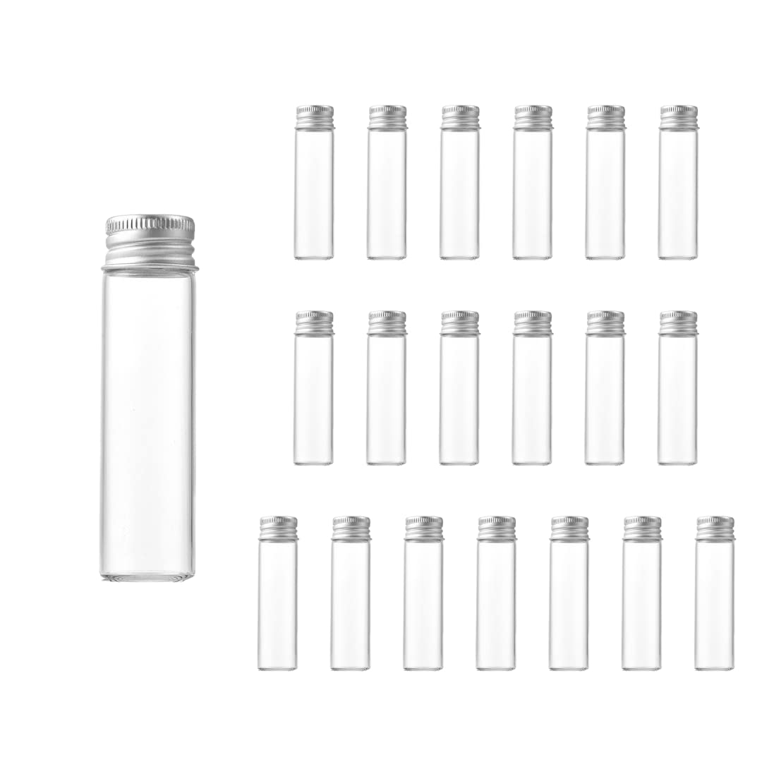 【送料無料】Charmoon 小瓶 透明 ガラス ミニボトル 蓋付き 密閉 小物 液体 保存 20個 セット (20ml, シルバー)