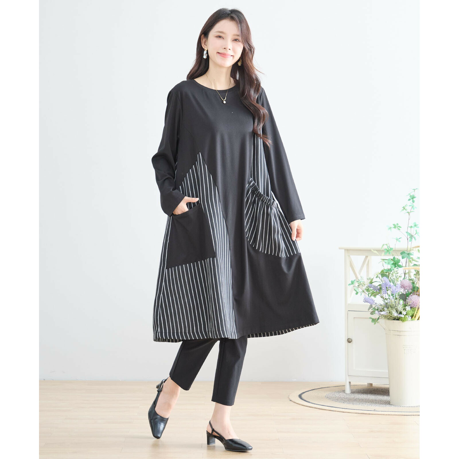TRUBE ワンピース 長袖 レディース ミディアム丈 Aライン フレア ストライプ 切替え ゆったり 大きいサイズ L～LL きれいめ カジュアル モード ブラック ロイヤルブルー 送料無料メール便なら
