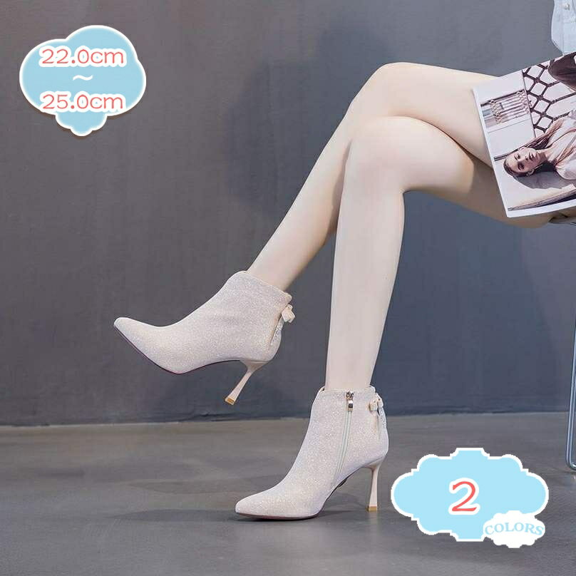 500円OFFクーポン ハイヒール ポインテッドトゥ ショートブーツ レディース ボタン サイドジッパー ピ..