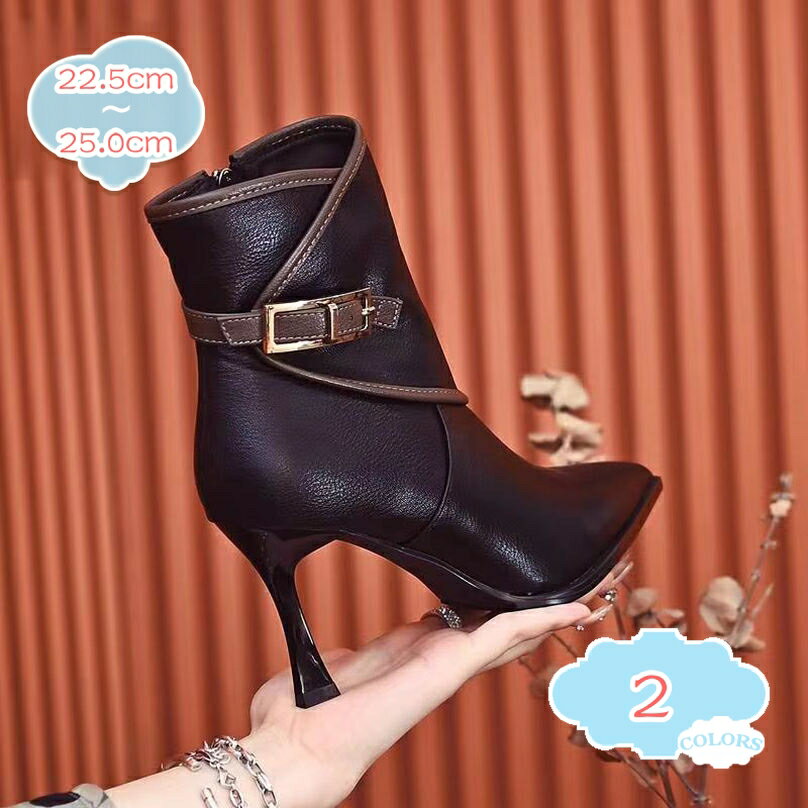 777円OFFクーポン ハイヒール ポインテッドトゥ ショートブーツ レディース ボタン サイドジッパー ピ..