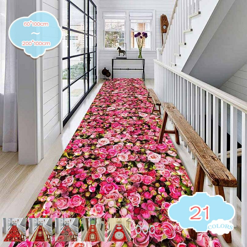 500円OFFクーポン 廊下敷きマット ラグ廊下マット フリーカット 3D効果 花柄 ナチュラル 滑り止め 洗え..