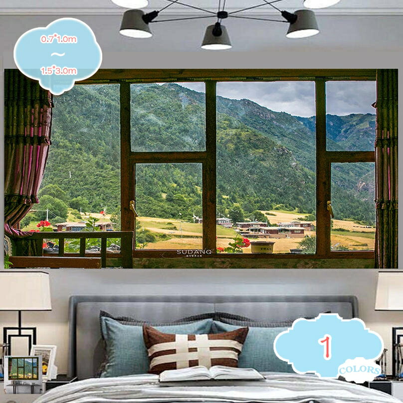 Rakuten - タペストリー 開け窓 インテリア 窓 飾り ins風 きれい 夏 南国 季節 風景 だまし絵 さわやか 癒し おしゃれ 大きい 大判 北欧 湖 海 城 部屋 背景布 壁 布 景色 自然 インスタ映え テレワーク 背景 目隠し ファブリックポスター shopcp