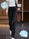 カーゴパンツ レディース ゆったり ワイド ルーズ ズボン ボトムス 黒 女性用 無地 動きやすい 女性用 春 秋 薄手 バギーパンツ サイドポケット カジュアル ウエストゴム ドローコード 調節 お出掛け 作業着 ストリート shopcp