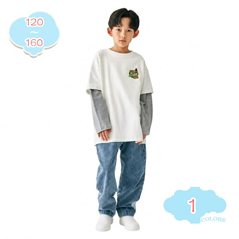 500円OFFクーポン キッズズ ゆったり ボーイズ デニムパンツ ロングパンツ ジーパン ストライプ柄 裾切り替え ウエストゴム 子供服 男の子 カジュアル 長ズボン 春秋 通学 お出かけ おしゃれ shopcp