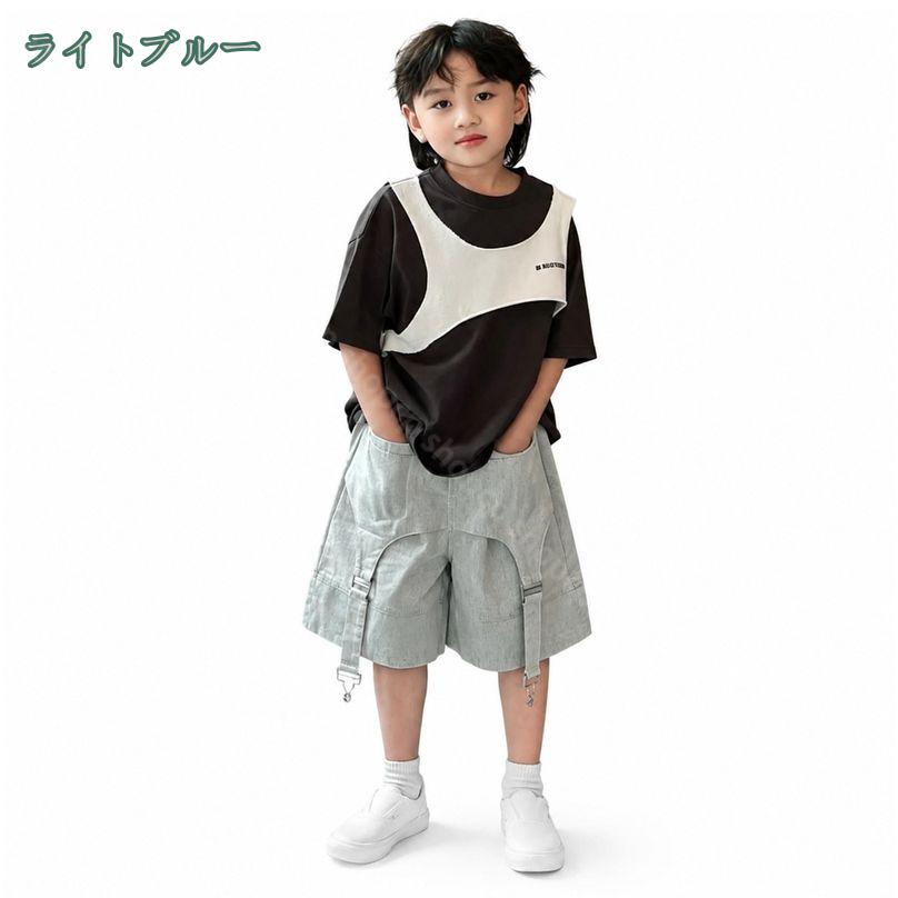1000円OFFクーポン ボーイズ 上下セット 子供服 ゆったり 半袖Tシャツ デニム風 ハ...