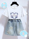 1650円OFFクーポン 子供服 女の子 夏服 セットアップ シャツ 半ズボン カジュアル ナチュラル ショート丈 半袖 デニムパンツ 五分丈 2点セット ゆっ...