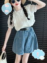 800円OFFクーポン 子供服 女の子 セットアップ 2点セット 半袖 Tシャツ デニム ハーフパンツ 上下セット キッズ 夏服 ショートパンツ 無地 普段着 ...