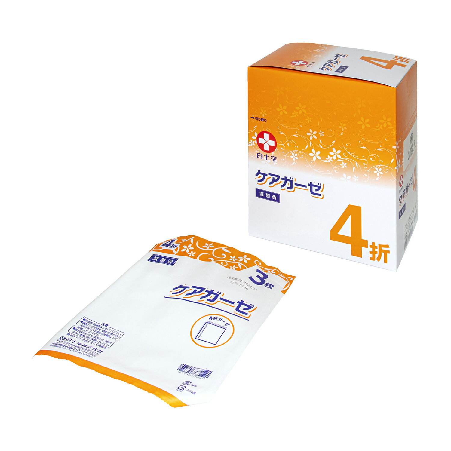 白十字 ケアガーゼ4折（3枚×30袋）滅菌 10162(30X30CM) 販売単位：1