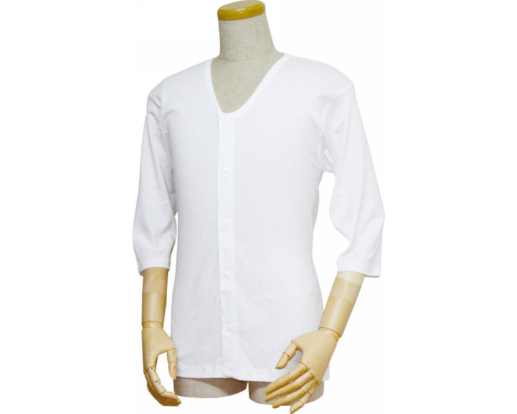 ウエル(株) 紳士前開き七分袖シャツ（プラスチックホック式） 43211　S　白