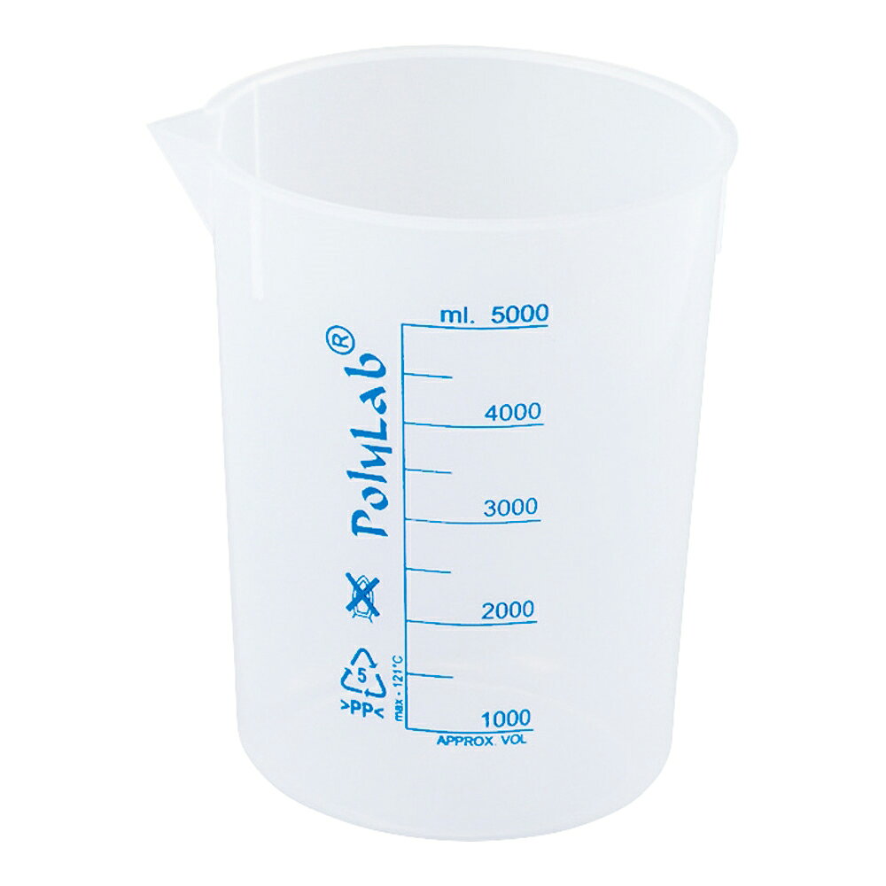プラスチックビーカー（青目盛付き・PP製）5000mL 11157 Polylab■特徴■●耐薬品性に優れています。●青い目盛で視認性に優れます。■仕様■●容量（mL）：5000●胴外径（mm）：φ190●全高（mm）：260●一目盛（mL）：500●★入数：1個●材質：PP●オートクレーブ可（121℃）