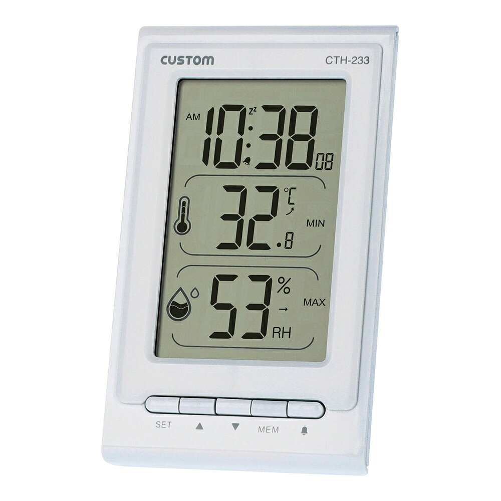 デジタル温湿度計 CTH-233 その他■特徴■●温度、湿度のMAX/MIN値を表示（毎日0：00でメモリクリア）●温度、湿度の上昇または下降をお知らせするトレンド機能付き●快適目安表示機能付き●時計機能（アラーム機能・スヌーズ機能・12/24時間表示）●2Wayの設置方法 （壁掛け、スタンド）■仕様■●入数：1個●電源：単4形乾電池 × 2本●材質：ABS樹脂●寸法：約 W 76 × H 128 × D 24mm●重量：約 110 g（電池含む）●付属品：単4形乾電池×2本、取扱説明書（保証書付き）