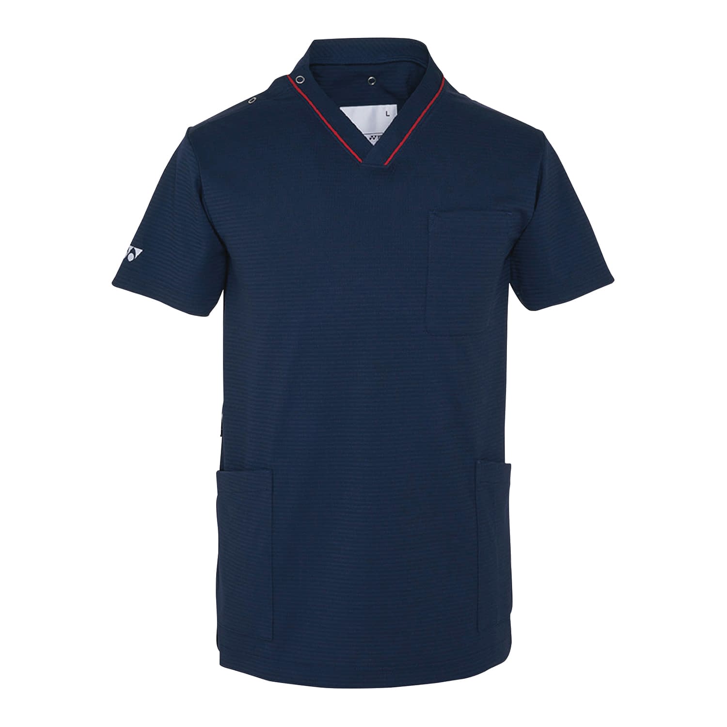 ヨネックス　エアータッチスクラブ S YONEX×キラクトンボCY805-88(ネイビー)●軽量！清涼！ストレッチ！軽くて涼しいニットスクラブ。●肌にべたつかずいつでもさわやかな着心地。●当社比で約10％軽量化。●シャリ感のある素材で汗をかいても蒸れない。●乾きやすいから夜洗って翌日に着られる。●2WAYストラップループつき●大きなポケット（胸、腰×2）で仕事道具をすっきり収納。