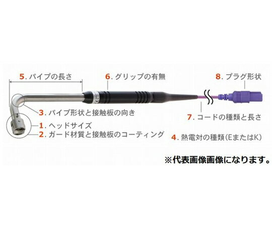 ●A形シリーズは汎用タイプの静止表面用温度センサです。●金型表面のみならずあらゆる物体の表面温度を測定することが出来ます。●ヘッドサイズ：φ27mm●ガード材質と接触板のコーティング：テフロンガード（低温用・接地）●パイプ形状と接触板の向き：90°（パイプR曲げ） 接触板とパイプの長手方向が平行 /A-**2*-00/A-**3*-00/A-**4*-00/A-**5*-00/A-**6*-00/A-**7*-00は、グリップなしを製作出来ません。●熱電対の種類：Kタイプ●パイプの長さ（mm）：30（A-*4**-00はグリップなしを製作出来ません。/3 A-**2*-00/A-**3*-00/A-**4*-00/A-**5*-00/A-**6*-00/A-**7*-00は、グリップなしを製作出来ません。）●グリップの有無：あり●コードの種類：標準コード●コードの長さ（m）：1●プラグ形状：標準プラグ（熱電対同種金属）