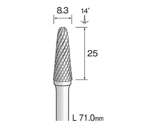 ●切削性、耐摩耗性、耐久性に優れています。●適合素材：工具鋼、合金鋼、一般鋼、ステンレス、アルミニウム、銅●適合機器類：エアーグラインダー、スピンドル、自動機ロボット●MINIMO推奨ハンドピース：最適・M21D/適している・M21HD●クロスカット●刃先（mm）：φ8.3×25●シャンク径（mm）：6●全長(mm)：71.0●メーカー型番：BC4273●旧商品コード：B2733