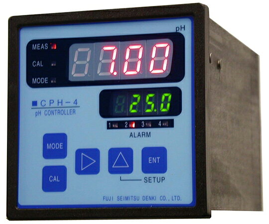 ●DIN96規格を採用●自動校正機能●小形軽量●電源電圧はAC90〜240V●操作性及び保守も容易●絶縁された伝送出力を有するので各種記録計への接続●測定範囲：pH　0〜14pH　温度　0〜100℃●測定方式：ガラス電極方式●表示：MAIN表示　LED4桁　SUB表示　LED4桁●出力：DC4〜20mA絶縁出力（標準）　出力範囲は任意に設定可能●警報出力：ALM1,ALM2●警報接点：AC250V　5A（抵抗負荷）●警報動作：上限又は下限へ任意割付可能●制御動作：ON/OFF制御又は比例制御　選択可能●温度補償素子　・500Ω　at25℃　Pt1kΩ　at0℃　・6.8kΩ　at25℃　10kΩat25℃　温度補償なしから選択●電源電圧：AC90〜AC240V　50／60　Hz　約10VA●外形寸法：96（W）×96（H）×155（D）mm●質量：約0.5kg