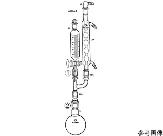 ●これらの反応装置はいずれもガスの発生装置としても使用出来ます。●たとえばエチレンガスを発生させるときは滴下ロートにエチルアルコールを、フラスコに濃硫酸を入れ、フラスコを180℃に加熱したところでエチルアルコールをゆっくり加えます。●未反応のアルコールや副反応で生じる少量のエチルアルコールなどは冷却器でとりのぞけます。●ジョイントサイズ：TS15/25●ジョイントサイズ：TS29/42●容量：1000mL●セット内容：丸底フラスコ（F6-2-14）、アブザッツ（A26-1-4）、Y字管（A28-1-2）、滴下ロート（FU82-2-4）、冷却器（C37-1-4）、吸引栓（S48-3-2）各1