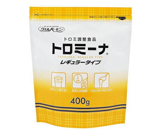 特徴のど切れが良いトロミに仕上がります。仕様型番：レギュラータイプ400g入数：1パック（400g入）原材料名：デキストリン・増粘多糖類・ph調整剤成分（100g当たり）：エネルギー253kcal・たんぱく質0.7g・脂質0g・糖質61.4g・食物繊維24.6g・ナトリウム1490mg・カリウム1650mg・カルシウム10.4mg・リン51.1mg・鉄0.2g保存方法：直射日光、高温多湿を避けて室温保存冷温両用※ケース入数量：10袋