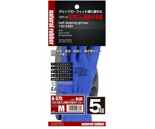 おたふく手袋 ゴムコーティング手袋「ライト 天然ゴム背抜き手袋」5P ブルー M 1袋(5双入) A-375