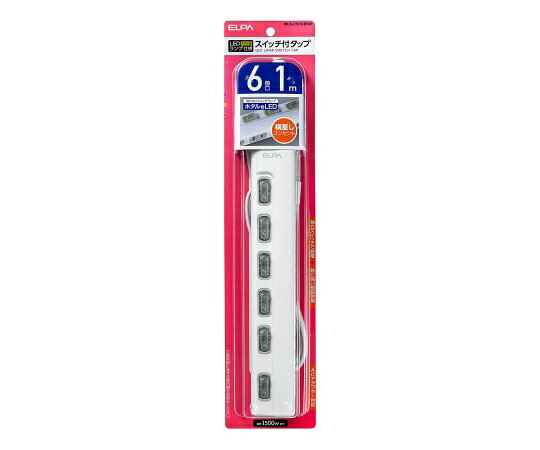 ELPA LEDランプ スイッチ付タップ6P1m横 WLS-LY61EB(W) 1個