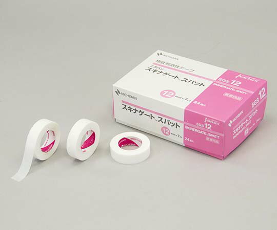 ●手で切ってもスパッときれいに●テープ表面のエンボス加工により、手袋をしたまま手で切ることができます。●剥離刺激が少なく、肌にやさしいテープです。●幅×長さ：12mm×7m●入数：1箱（24巻入）●材質：基材／パルプ・ポリエステル不織布、粘着剤／アクリル系粘着剤