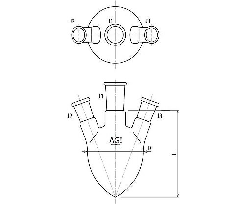 ●三ツ口の梨フラスコです。●L寸法は目安寸法です。●特徴として、1）フラスコ内容物が回収しやすくなる、2）沸騰石の効果が良いことの2点があります。●側管は温度計挿入や試料投入などにご利用できます。●容量：1000mL●J1：29/42●J2,　J3：15/25●D：132●L：195●材質：硼珪酸ガラス