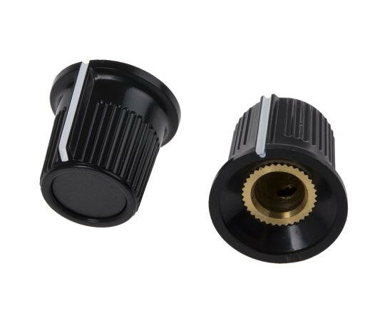 RS　Pro ポテンショメータノブ　6mm 1袋(5個入)●止めねじノブ、キャップ付き●ABS成形、つや消し黒仕上げのノブ、六角止めねじで固定●11.6、16.2、21、又は28mm径を用意。●赤、黒、又はグレーのキャップが付属●シャフトサイズ：6mm●ノブ直径：16.2mm●ノブ高さ：15mm●ボディカラー：黒●インジケータ色：白●併用：ポテンショメータ●材料：プラスチック●入数：5個●RoHS適合