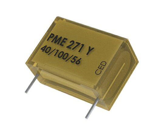 KEMET 紙コンデンサ　4.7nF　250V　ac 1袋(5個入)●EN132400、SEMKO、NEMKO、DEMKO、FIMKO、VDE、SEV、OVE、IMQ、UL●配電系統に直接接続するように設計されていますが、コンデンサの故障により感電を生じる恐れがある場所には使用できません。●PME　271Yシリーズ●PME271Yシリーズは、自己回復多層金属化紙のクラスYサプレッションコンデンサです。エポキシ含浸金属化紙を使用した構造で、エポキシ樹脂に収められています。これにより、特に連続稼働が必要な用途における優れた安定性及び信頼性に、発炎性、耐炎性を兼ね備えています。代表的な用途には、すべてのY2用途（ライン-アース間）の電磁干渉サプレッサとして世界中での使用などがあります。●特長と利点：国際認定　定格電圧：250　V　ac　@　50/60　Hz　静電容量範囲：0.001→0.1　μF　リード間隔：10.2→25.4mm　静電容量許容差：±20％　耐候性カテゴリ：40/100/56/B、IEC　60068-1　テープアンドリールパッケージングはIEC60286?2に準拠　RoHS対応及び鉛フリー終端　動作温度範囲：-40→+100°C　100％スクリーニングの工場テスト　@　3000　V　dc　発炎性、耐炎性に関して考えられる最高の安全性を実現　自己回復特性に優れているため、頻繁に過電圧が印加されても長寿命　含浸物の誘電特性により、イオン化に対する優れた耐性を実現　高dV/dt容量●入数：1袋（5個入）●静電容量：4.7nF●電圧：250V　ac●シリーズ：PME271Y●リードピッチ：10.2mm●許容差（マイナス）：-20％●許容差（プラス）：+20％●許容差：±20％●抑制クラス：Y2●取り付けタイプ：スルーホール●長さ：13.5mm●高さ：10.5mm●奥行き：5.1mm●寸法：13.5×5.1×10.5mm●リード径：0.6mm●RoHS適合状況：適合●コード番号：210-594