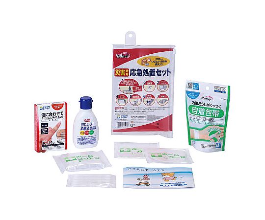 ●災害時などいざという時の備えに！●寸法：W145×L40×H220mm●質量：170g●セット内容：消毒液（40ml）1個、ホームガーゼ（1枚入）2個、救急絆創膏（10枚入）1個、ホームコットン（5枚入）1個、綿棒（5本入）1個、巻くだけ包帯1個、救急ハンドブック1冊●指定医薬部外品●単位：1セット●コード番号：41916117