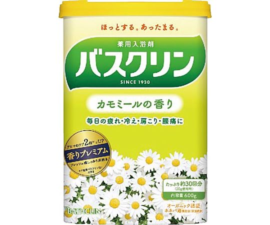 ●バスクリンが香りプレミアムになって、フレッシュ感しっかり長続き。●寸法：横110×縦70×高さ156mm●容量：600g●効果・効能：疲労回復、冷え症、肩のこり、腰痛、神経痛、リウマチ、痔、荒れ性、あせも、しっしん、にきび、ひび、しもやけ、あかぎれ、うちみ、くじき●香り：カモミールの香り●使用目安：お風呂のお湯（200L）に20から30g●成分：乾燥硫酸ナトリウム、炭酸水素Na、L-グルタミン酸ナトリウム、ホホバ油、無水ケイ酸、デキストリン、アラビアゴム、ヒドロキシプロピルセルロース、香料、黄4、青2、黄202（1）、青1、粘度調整剤●単位：1個●コード番号：43805129