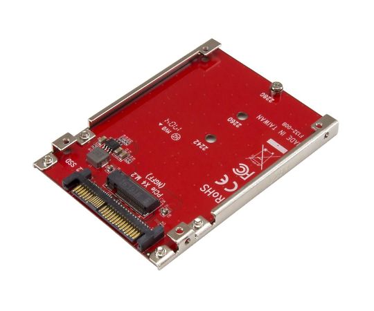 ●マザーボードのU.2（SFF-8639）互換インターフェイスを介して M.2 NVMe SSDを変換、高速パフォーマンスをデスクトップPC/サーバーに追加●ドライブコネクタ：M.2（NGFF、M-Key、PCIe x4）●ホストコネクタ：U.2（SFF-8639、x4 PCIe、NVMe）●OS互換性：OSに依存せず。ソフトウェアやドライバは不要●インターフェース：U.2（SFF-8639; PCIe x4）●ドライブタイプ：M.2（NGFF、M-Key、PCIe x4）●ドライブ実装：固定式●ドライブ数：1●バス型：PCI Express●ファン：なし●対応ドライブ高さ：2242、2260、2280●工場出荷時（パッケージ）重量：102g●最大ドライブ高さ：2280mm●色：レッド●製品幅：70mm●製品重量：36g●製品長さ：100mm●製品高さ：7mm●保存温度：-25℃〜+70℃●動作温度：+5℃〜+50℃●湿度：15％-90％RH●パッケージ内容：M.2ドライブ - U.2アダプタ、アダプタ取り付けネジ、クイックスタート ガイド、ドライブ取り付け金具セット●コード番号：ZU201JV