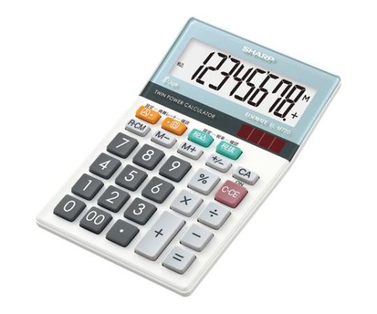 ●エコマーク対応●サイズ（W×D×H）mm：112×185×25.5●重量（g）：190●桁数：8桁●電源：太陽電池+CR2032×1個（付属）●マルチ換算、税計算、アンサーチェック、演算状態表示、サイレントキー●見やすい表示角度が選べるチルトディスプレイタイプ。●早打ち対応