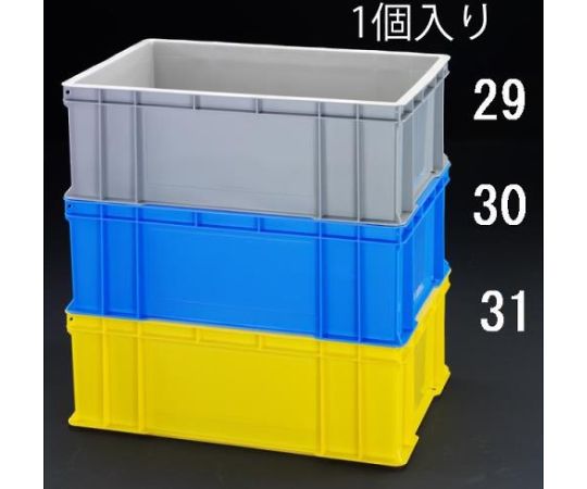 ●容量：53.9L●サイズ：外寸：658×448×225（H）mm　内寸：618×408×218（H）mm　有効内寸：608×398×208（H）mm●圧縮荷重：28.8kN（2940kgf）●色：ブルー●材質：ポリプロピレン●積み重ね可能