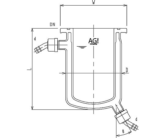 旭製作所 フルジャケット式セパラ反応容器 ホース口タイプ Oリング溝付 1個●媒体で反応槽全体を覆うことができるフルジャケットタイプです。●ホースコネクター(コードNo.3964)を含みます。●Oリング溝付：Oリング(コードNo. 9260)は付属しておりません。●フランジにクランプ滑止め付です(クランプは含まれておりません)。●容量：1000ml●DN(内径)：Φ100●W：Φ160●L：195●D：Φ135●d：Φ12●θ：30°