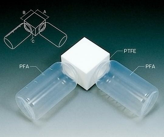 フロンケミカル フッ素樹脂蒸留器 1000cc 1個●PFAのボトルとPTFEのブロックを組み合わせた簡単な蒸留器です。●A×B×C(mm)：80×80×70●ボトル容量(cc)：1000