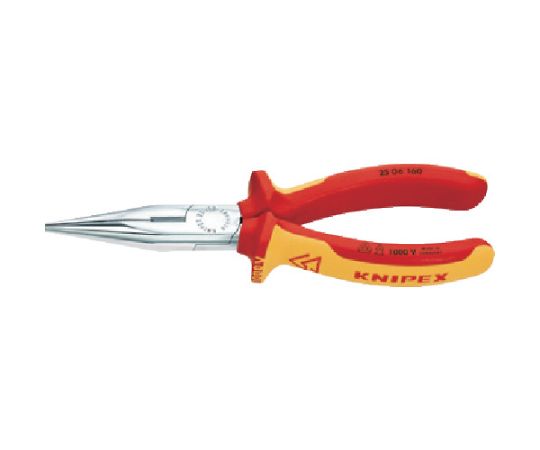 KNIPEX 絶縁1000Vラジオペンチ　160mm 2506-160 1丁●ヘッドの先端形状は半丸型です。●欧州規格EN60900適合品で1000V絶縁仕様です。●サイドカッターでは中硬線、硬線を切断することができます。●入念な焼入れ処理が施されたカッター部の硬度は約HRC61です。●精密な電子部品をつかんだり、切断するのに適しています。●つかみ面には滑り止めの横スジが入っています。●切断能力（mm）硬線：1.6●切断能力（mm）中硬線：2.5●全長（mm）：160●口先の長さ（mm）：50●ジョイント部の幅（mm）：16.5●ジョイント部の厚さ（mm）：9.5●口先先端の幅（mm）：2.5●口先先端の厚さ（mm）：3.0●ハンドルタイプ：コンフォート●材質／仕上：オイル焼き入れ焼き戻し処理済み高級特殊工具鋼●原産国：ドイツ●コード番号：446-7493