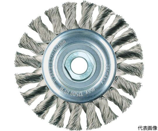 LESSMANN ホイールブラシ　Φ115　高張度鋼線　0.5 472214 1個●高品位の線材を使用したノット（ひねり）加工品で、高い研削力と研掃力に優れている長寿命品です。●特に高い研削性を求められる現場に適しています。●溶接業、鉄鋼業、造船業などの現場に。●鉄鋼、非鉄金属の研磨、溶接のバリやスラグ・サビの除去などに。●毛材：高硬度鋼線●外径（mm）：115●線径（mm）：0.5●厚さ（mm）：14●最高使用回転数（rpm）：12500●ねじ径：M10（P1.5）●全長（mm）：20●注意：作業時は必ず安全帽、安全メガネなどの保護具をご着用ください。●原産国：ドイツ●コード番号：484-0411