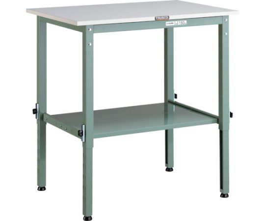 トラスコ中山 AEM型高さ調節作業台　900X600　下棚2枚付 AEM-0960LT2 1台●650〜950mmの間で50mmピッチの高さ調節が可能です。●下棚を設置することで物を置くことができます。●高さ調節が650〜950mm（調整ピッチ50mm）までできますので、作業内容に合わせて座り作業・立ち作業のいずれにもご利用できます。●ポリ化粧天板を使用し、表面は滑らかで、ソフトな光沢があり清潔感を保持し、耐水性・防汚性にも優れています。●天板材質：ポリ化粧●間口（mm）：900●奥行（mm）：600●高さ（mm）：650〜950●脚部カラー：グリーン（無記号）●均等荷重（kg）：150●カタログ表記品番：AEM-0960LT2（色記号）●昇降方式：金具調整式●下棚：AELT型 2枚●アジャスターねじサイズ：M16×2.0●昇降ピッチ：50mm●材質／仕上：本体／スチール●注意：車上渡しのため、お客様での荷降ろしが必要です。●原産国：日本●コード番号：466-7409