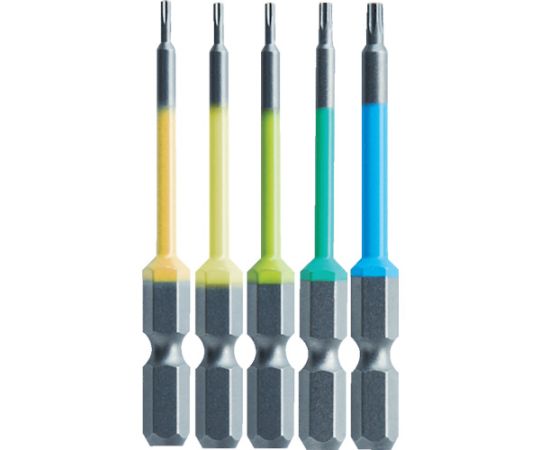 アネックスツール ヘクスローブカラービット5本組　精密タイプ　全長65mm ACTX5-65L2 1セット(5本入)●ヘクスローブドライバービットの精密サイズセットです。●サイズを色で識別できます。●電動ドライバー装着時に塗装部分が邪魔にならない両端部非塗装です。●全長（mm）：65●シャンク径（mm）：6.35●熱処理区分●ボール溝（mm）●マグネット●セット内容（本）：5●セット内容：ACTX-0465、0565、0665、0865、1065●材質／仕上：クロムモリブデンバナジウム鋼●原産国：日本●コード番号：753-6607
