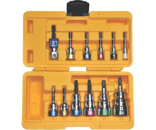 トップ工業 ショートソケットセット EHS-5524AS 1セット(12個入)●EHS-17以上は六角シャンク部が圧入式で、ねじれや折れに強いです。●便利なアダプター（ESA-4DX）付のためインパクトドライバー等に装着してソケットレンチ用ソケットが使用できます。●専用ケースで持ち運びに便利で、紛失の心配もありません。●ソケット部はボルト・ナットの角を傷めない六角サーフェイスタイプです。●六角軸シャンクで電動ドリルにワンタッチで取り付け可能です。●各種ボルト・ナットの脱着に。●対辺寸法（mm）：5.5、7、8、10、12、13、14、17、19、21、24●軸寸法（mm）：6.35●セット内容（点）：12セット内容：EHS-5.5、7、8、10、12、13、14、17、19、21、24、ESA-4DX●6角サーフェイスタイプ●18Vインパクト対応●材質／仕上：ソケット／クロムモリブデン鋼（SCM435）●セット内容／付属品：ESA-4DX・EHS-535/7/8/10/12/113/14/17/19/21/24、ケース●注意：電動ドリルはラクラッチ付き、又はインパクト付きをご使用下さい。●ボルト・ナットに対して斜め掛け、浅掛けや過大な力を掛けないで下さい。破損する恐れがあります。●原産国：日本●コード番号：496-4497