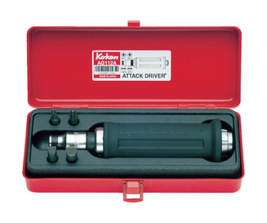 山下工業研究所 アタックドライバーセット AG318A 1セット●カム部分は耐摩耗性を向上させるため高硬度熱処理を施しています。●ヘッド部分は打撃による本体の割れを防ぐために低硬度熱処理を施しています。●セット内容（点）：6●セット内容：本体（3112G）、ビットホルダ（3138）、プラスビット（100P.32-2、3）、マイナスビット（100S.32-9、11）、メタルケース●ケース寸法（mm）：220×82×60●原産国：日本●コード番号：811-7740